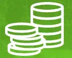 White outline of stacked coins against a green background.