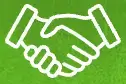 A white line drawing of two hands shaking on a green background, symbolizing partnership or agreement.