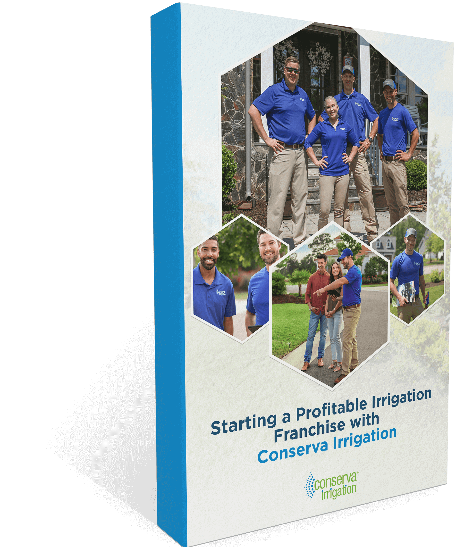 Cover of a guide titled "Starting a Profitable Irrigation Franchise with Conserva Irrigation," featuring images of people in blue shirts and a family holding irrigation equipment.